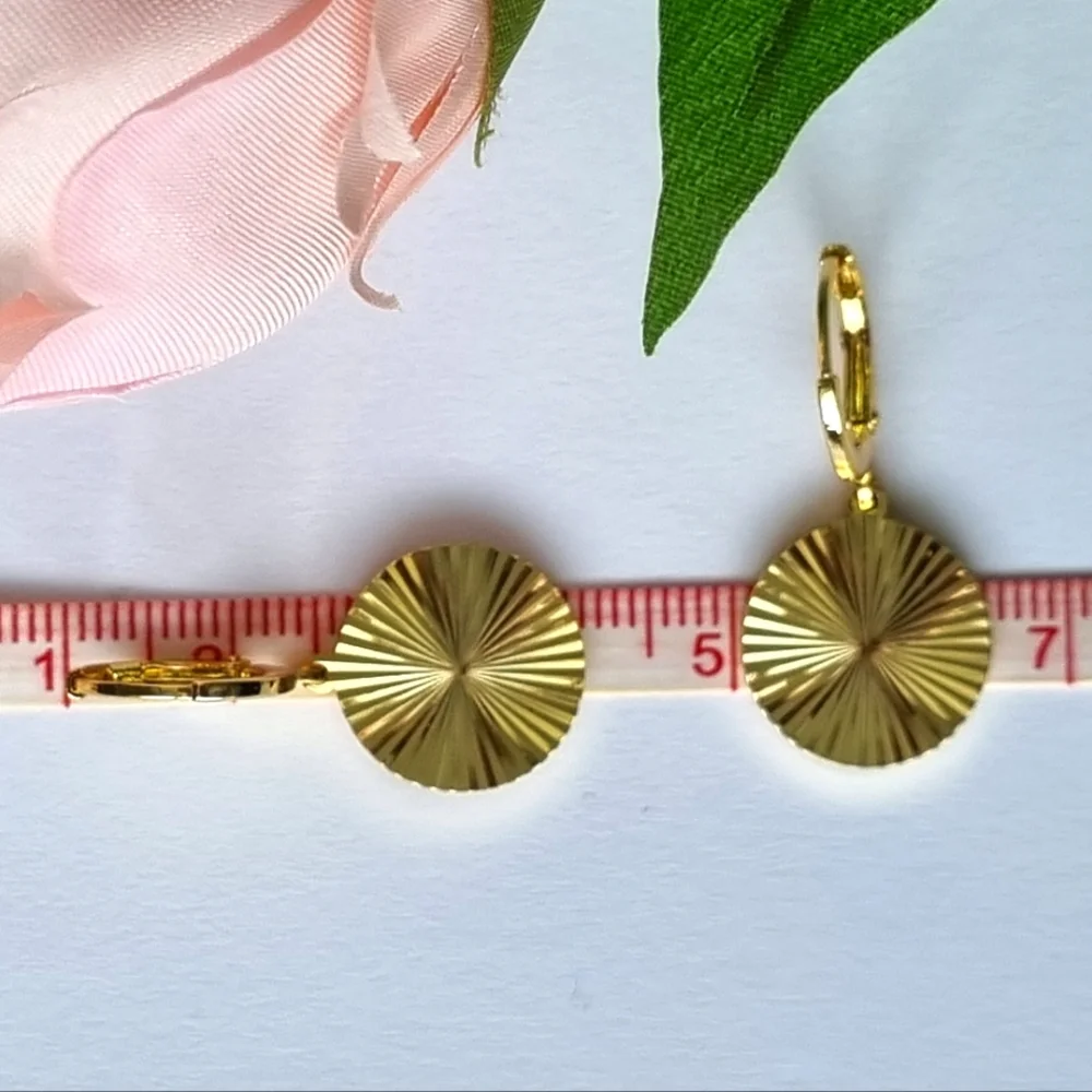 Earrings | Gold Toned | Round, Textured Sunburst | Huggies Hoop Drop Style. ๐ - Picture 5 of 16